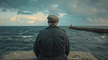 Reflective Moment by the Ocean as the Sun Sets and the Waves Gently Crash Against the Pier in a Coastal Town photo