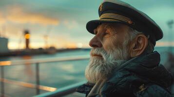 A Weathered Mariner Reflecting on Past Adventures at Sunset by the Harbor photo