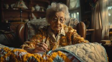 An Elderly Woman Creates a Beautiful Quilt in a Cozy Cabin During a Serene Afternoon photo