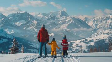 A Family Enjoying a Snowy Winter Day While Skiing in the Majestic Mountains photo