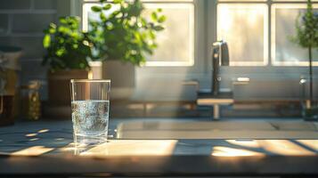 Morning Sunlight Streaming Through Kitchen Window Illuminating Glass of Water on Wooden Counter photo