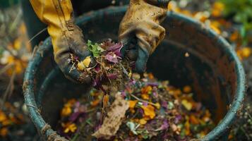 Hands in Gloves Digging Through Colorful Compost in Autumn's Embrace on a Vibrant Garden Afternoon photo