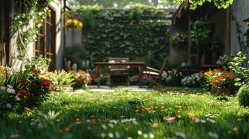 A Serene Garden Oasis Bathed in Soft Morning Light With Vibrant Flowers and a Cozy Seating Area photo
