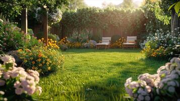 Tranquil Garden Oasis With Blooming Flowers and Cozy Seating at Sunset photo