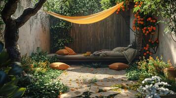 A Tranquil Garden Sanctuary With Sunshine, Soft Fabrics, and Lush Greenery in Late Afternoon Bliss photo