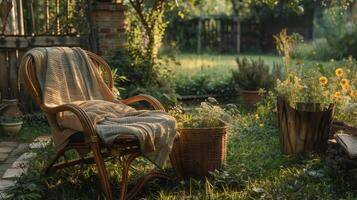 A Cozy Rattan Chair Embraced by Nature in a Sunlit Garden Oasis photo