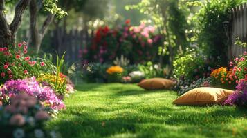Serene Garden Oasis With Colorful Blooms and Cozy Cushions at Dawn photo
