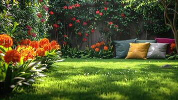 Lush Garden Retreat With Colorful Flowers and Cozy Cushions Inviting Relaxation Under Sunlight photo