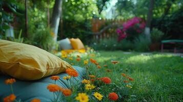 Vibrant Garden Oasis With Colorful Flowers and Cozy Cushions Under the Afternoon Sun photo
