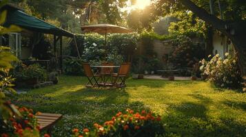 A Serene Garden Retreat at Dusk With Blooming Flowers and Cozy Seating photo