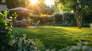 Serene Afternoon in a Sunlit Garden With Comfortable Seating and Lush Greenery photo