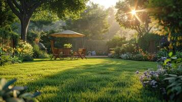 Sunny Morning in a Lush Garden With Wooden Chairs and Umbrella Glowing in the Golden Light photo