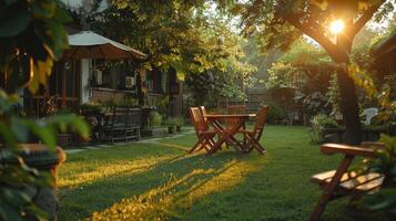 Tranquil Evening in a Lush Garden With Sunlight Streaming Through the Trees photo