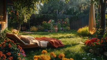 A Tranquil Afternoon in a Vibrant Garden Filled With Blossoming Flowers and Cozy Sun Lounger photo