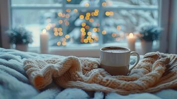 Cozy Winter Morning With Warm Coffee and Soft Knitted Blanket by the Window photo