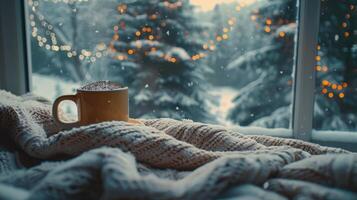 Cozy Winter Morning With Steaming Mug of Hot Beverage Near Frosted Window photo