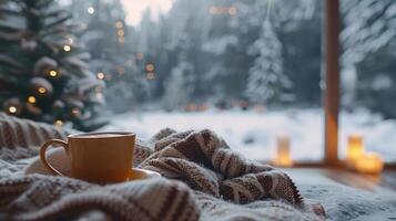 Cozy Winter Morning With Warm Coffee and Glowing Candles by the Snowy Window photo
