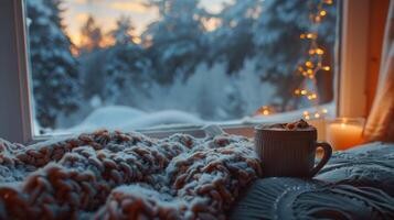 Cozy Winter Evening With Hot Cocoa and a Warm Blanket by the Frosted Window photo