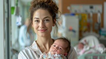 Joyful Mother Embracing Newborn Child in Hospital Setting During Daytime photo