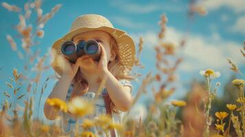 Curious Child Wearing a Sun Hat Exploring Wildflowers Through Binoculars on a Sunny Day photo