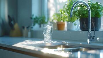 Refreshing Glass of Water Sparkling in Sunlight Next to Lush Green Herbs in a Modern Kitchen Setting photo