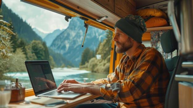 Exploring Freedom and Creativity While Working Remotely in a Cozy Van by Serene Mountain Lake photo