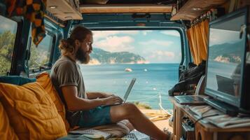 Digital Nomad Working Remotely From Cozy Van by Serene Beach During Golden Hour photo
