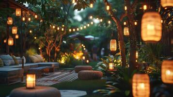 Enchanted Evening in a Lush Garden With Twinkling Lanterns and Cozy Seating photo