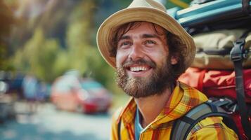 Joyful Adventurer Smiling Amidst Nature's Splendor During Early Morning Expedition photo