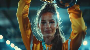 Rising Star Celebrates Victory With Trophy in Brightly Lit Arena After Intense Competition photo