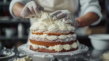 Expert Pastry Chef Skillfully Decorating An Elaborate Cake In A Cozy Bakery Setting photo