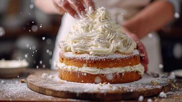 Delicate Baking Mastery Unveils A Heavenly Layered Cake Decorated At A Cozy Kitchen photo