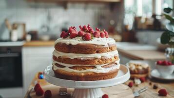 Deliciously Layered Raspberry Cake Decorated With Fresh Berries in a Cozy Kitchen Setting photo