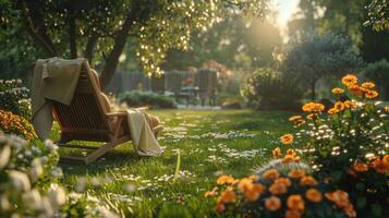 Tranquil Garden Retreat at Sunset Surrounded by Vibrant Flowers and Lush Greenery photo