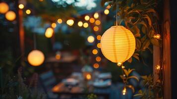 Twinkling Lanterns Adorn a Cozy Outdoor Dining Space on a Tranquil Evening photo
