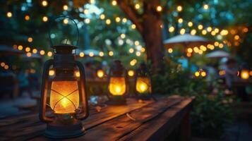 Warm Glow of Lanterns Illuminates Cozy Outdoor Gathering Under Twinkling String Lights at Dusk photo
