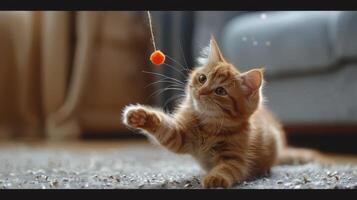 Playful Ginger Cat Enthusiastically Reaching for Bright Orange Toy in Cozy Living Room Setting photo