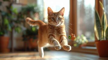 Energetic Tabby Cat Leaping Gracefully in Sunlit Indoor Garden With Playful Toy at Dawn photo