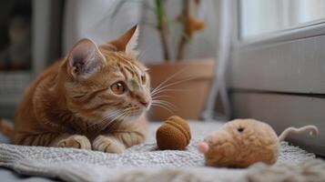 Curious Ginger Cat Playfully Observes Handmade Toys on a Cozy Living Room Rug photo