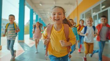 Joyful Children Running Along Colorful Hallway After School on a Bright Sunny Day photo