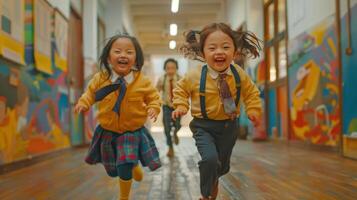 Joyful Children Running Through a Vibrant School Hallway on a Bright Sunny Day photo