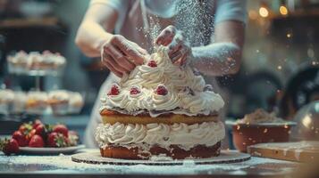 Masterful Baker Crafting a Decadent Layered Cake With Fresh Cream and Raspberries in a Cozy Kitchen During Late Afternoon photo