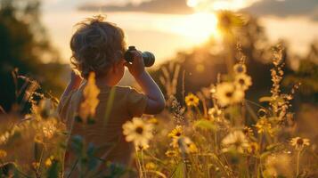Curious Child Captures Sunset Through Camera in a Vibrant Flower Field on a Warm Evening photo