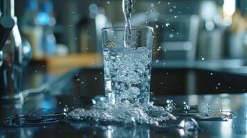 Crystal Clear Water Cascading Into A Glass On A Polished Kitchen Countertop During Bright Daylight Hours photo