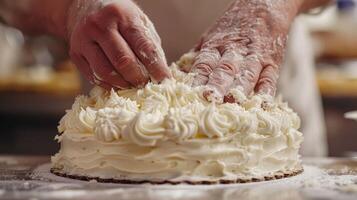 Master Baker Skillfully Decorating a Creamy Cake in a Cozy Bakery During Afternoon Hours photo
