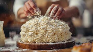 Masterful Baker Creating Exquisite Creamy Cake With Beautiful Swirls in Rustic Kitchen photo