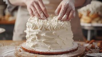 Crafting a Beautiful Buttercream Cake in a Cozy Bakery During Afternoon Light photo