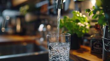 Refreshing Sparkling Water Flowing Into a Glass in a Cozy Kitchen Environment photo