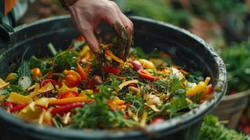 Amidst the Lush Greenery, A Hand Digs Into a Vibrant Compost Pile on a Sunny Morning photo