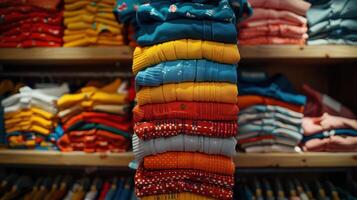 Colorful Stacks of Sweaters in a Cozy Boutique During a Late Afternoon Shopping Spree photo
